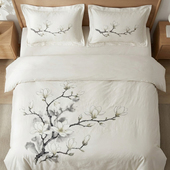 古典国风床品三四件套水洗棉被套新中式 卧室床单笠玉兰花墨染清雅