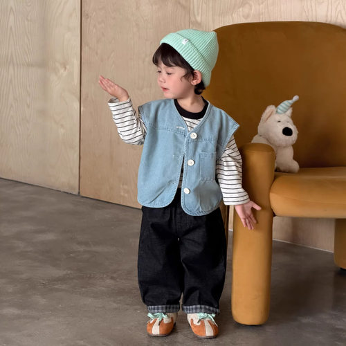 儿童衣服韩版春装宝宝春装2026韩版童装儿童马甲男童牛仔裤套装