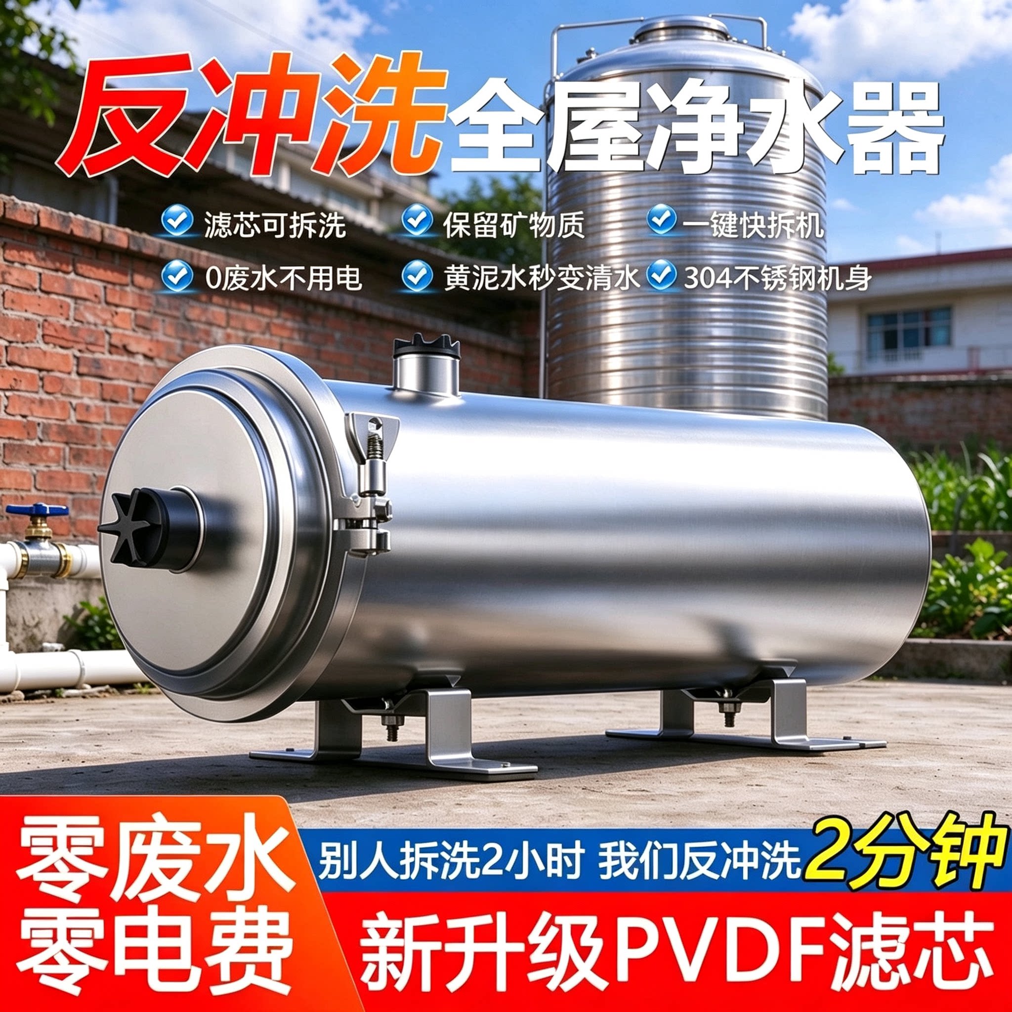 升级双芯不锈钢全屋净水器流量家用农村井水自来水超滤黄泥过滤器