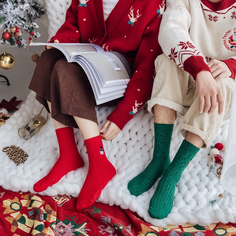 本命年红色中筒袜男女情侣纯棉刺绣新年好运袜子秋冬款圣诞红色袜