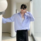 设计感小众印花蓝色条纹衬衫韩版春夏宽松上衣P80，男装衬衫，星座1009（原B233）