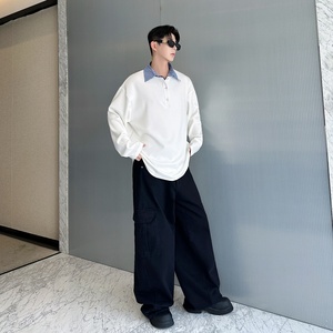 黑色假两件条纹翻领男士长袖T恤2025秋季新款痞帅宽松潮上衣P75图片