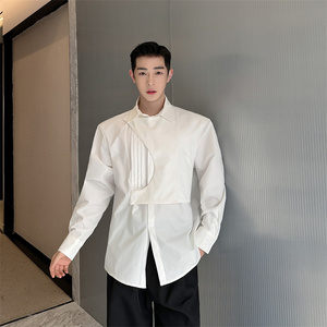 韩版结构型衬衫男小众设计感潮流黑白长袖上衣男P85图片