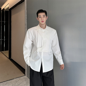 韩版结构型衬衫男小众设计感潮流黑白长袖上衣男P85图片