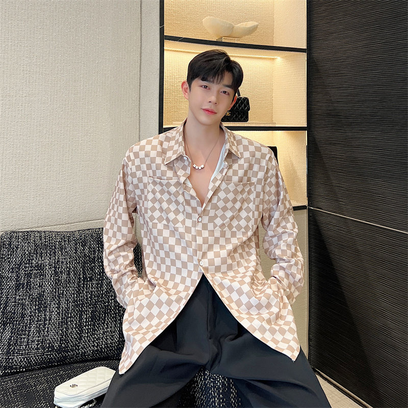 韩版棋盘格印花长袖宽松衬衫男P75,男装衬衫,星座1009（原B233）