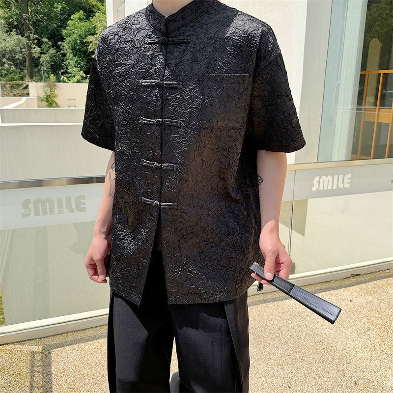 风新中式短袖衬衣男定制高级感压花邹布面料P95,男装T恤,星座1009（原B233）
