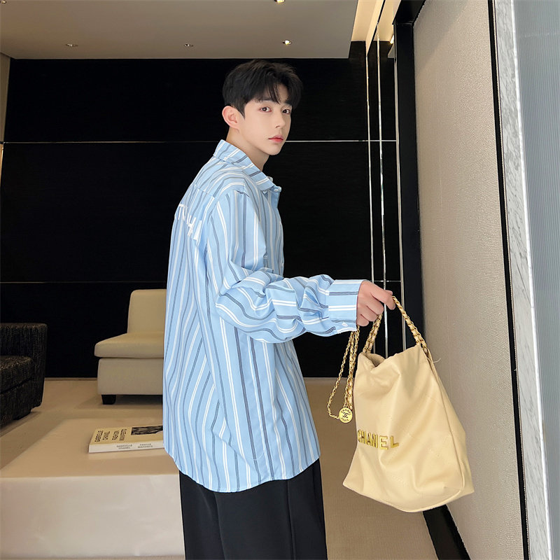 韩版休闲设计感衬衣薄款条纹宽松复古印花长袖衬衫中性男女款P80,男装衬衫,星座1009（原B233）