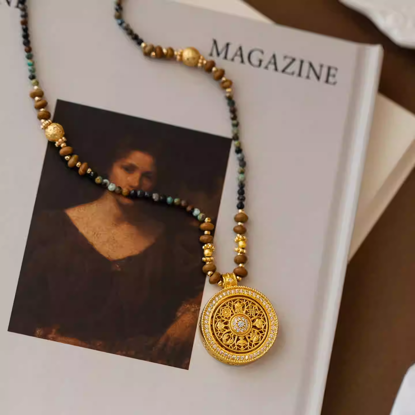 新中式天然石串珠八宝罗盘吊坠