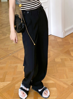 GUS 醋酸休闲西装裤春季高腰双褶直筒裤百搭黑色阔腿裤2024年新款