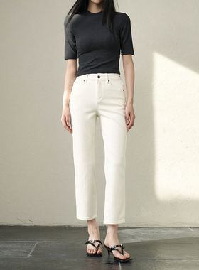 GUS四面弹九分牛仔裤法棍裤直筒裤 米白高腰弹力舒适显瘦显高加绒