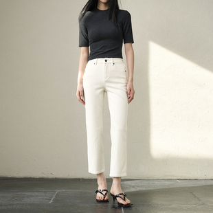 米白高腰弹力舒适显瘦显高加绒 直筒裤 GUS四面弹九分牛仔裤 法棍裤