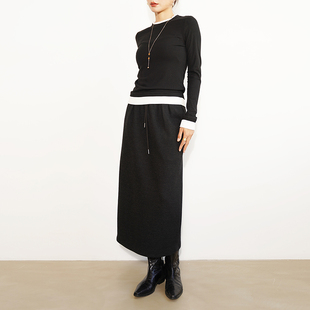 GUS毛呢松紧腰西装 H型长裙 裙休闲半身裙直筒加厚保暖垂感中长款