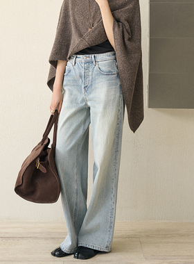 GUS复古浅蓝阔腿裤牛仔裤 进口树皮皱面料重工洗水做旧宽松遮肉女