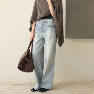 GUS复古浅蓝阔腿裤 进口树皮皱面料重工洗水做旧宽松遮肉女 牛仔裤