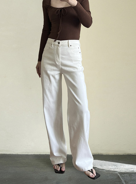 GUS德绒锁温阔腿微弯刀牛仔裤 自发热白色弹力秋冬长裤女中高腰