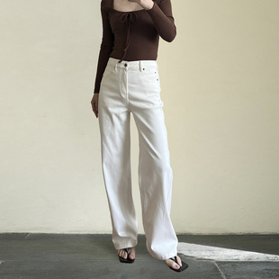 GUS德绒锁温阔腿微弯刀牛仔裤 女中高腰 自发热白色弹力秋冬长裤