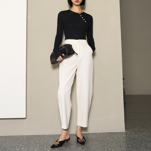 女早秋高腰弧形萝卜裤 宽松休闲哈伦裤 时髦九分裤 GUS桶型香蕉裤