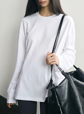 GUS 高支丝光匹马棉长袖T恤 软糯丝滑圆领宽松套头棉t白t打底衫