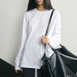 软糯丝滑圆领宽松套头棉t白t打底衫 T恤 高支丝光匹马棉长袖 GUS