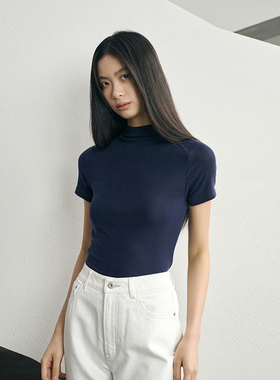 GUS春夏新款天丝羊毛T恤弹力半高领短袖修身百搭性感上衣收腰显瘦