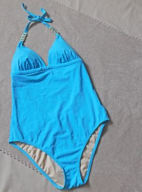 F160外贸原单高品质时尚蓝色聚拢遮肚显瘦保守连体泳衣带胸垫M号