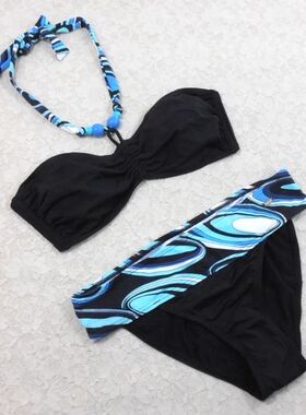 F156外贸原单高品质时尚黑色印花抹胸小胸聚拢款性感比基尼泳装