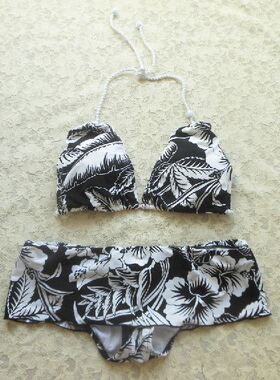 F338外贸原单高品质时尚黑白色花朵小胸聚拢bikini比基尼裙式泳装