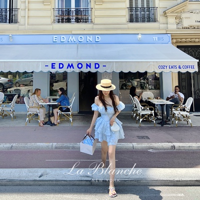 可爱蓬蓬裙肌理感一字露肩度假裙