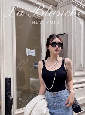 La Blanche U领黑色肌理感连体背心吊带纯色打底简约露背针织背心