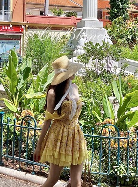 La Blanche鹅黄色碎花抹胸露肩裙2way穿法碎花荷叶边蛋糕连衣裙