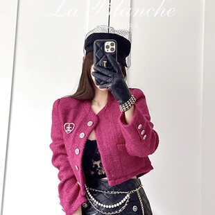 法式 香奶奶火龙果色单排扣编织羊毛粗花呢气质小外套 Blanche