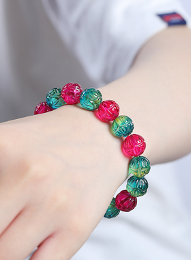 天然原矿巴西帕拉伊巴蓝鸽血红西瓜碧玺红蓝双色雕刻莲花女款手链