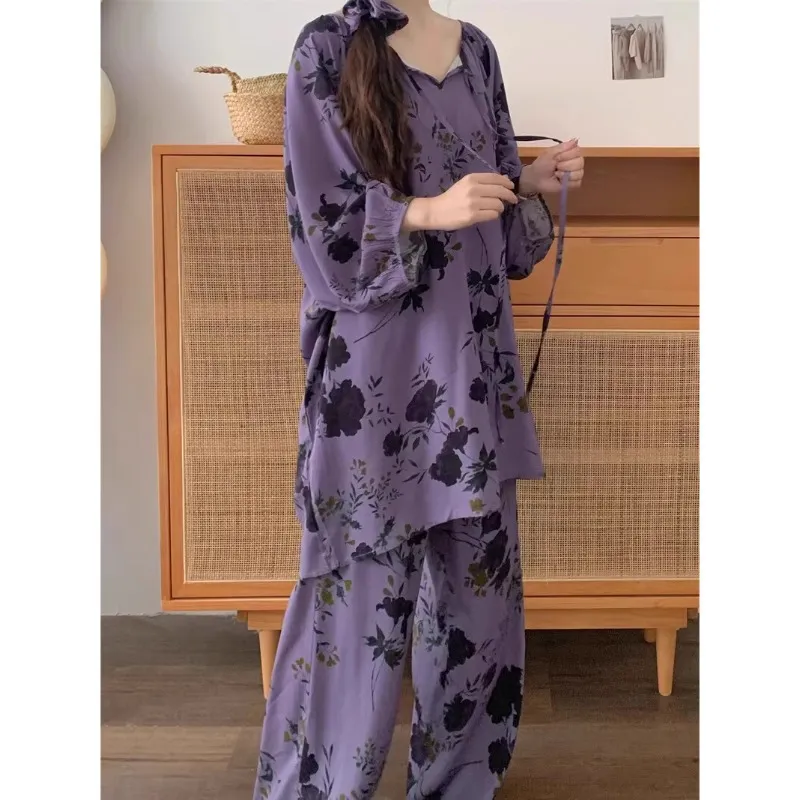 柔软亲肤绵绸睡衣秋季女款2025新款国风黛紫印花家居服套装可外穿