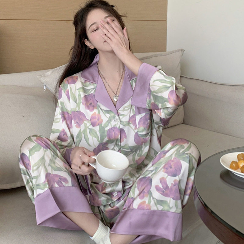 特价清仓紫色郁金香甜美风浪漫轻奢花卉秋季睡衣仿真丝长袖家居服