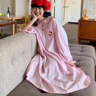 睡裙女款2025新款甜美夏季粉色条纹大码胖mm宽松长袖家居服可外穿