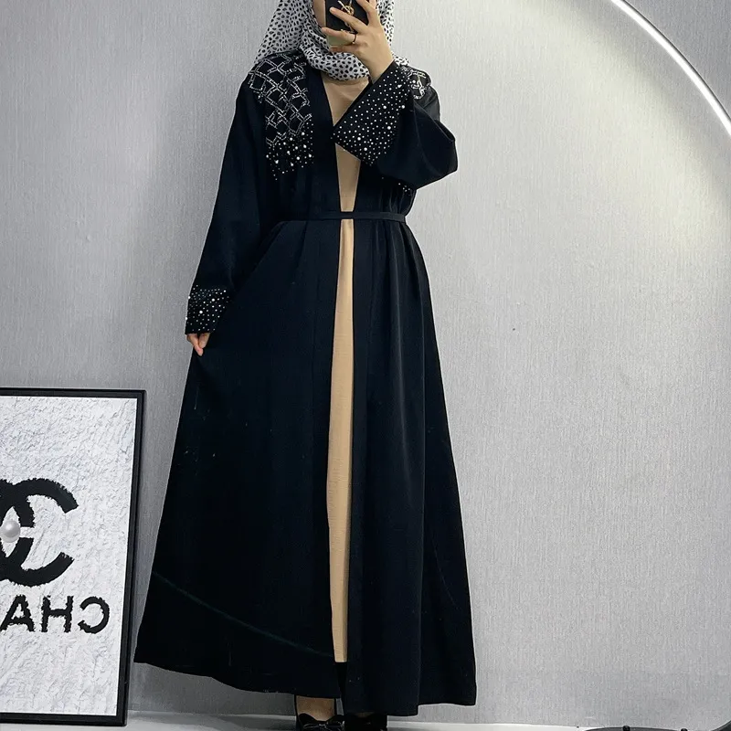 F310外贸中东女装 时尚优雅净色钉珠烫钻系带长款开衫
