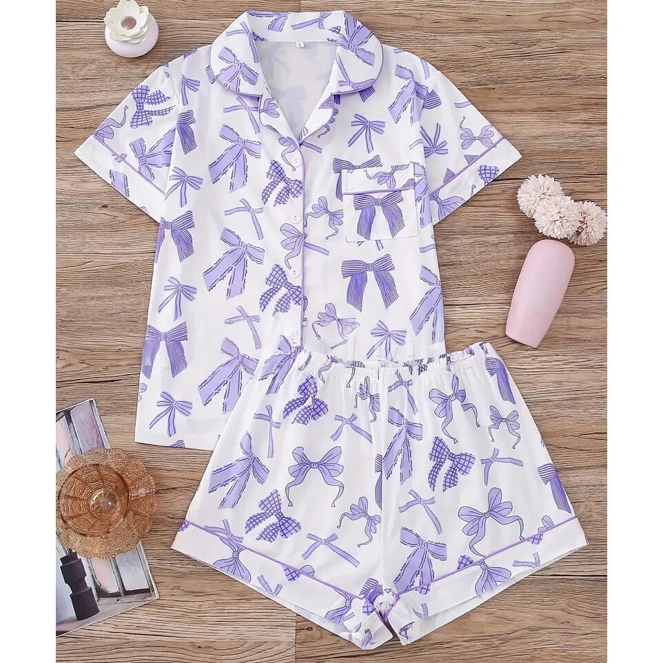 外贸蝴蝶结印花睡衣套装夏季冰丝凉爽家居服睡衣舒适度假衬衫