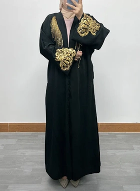 F388跨境外贸女装长裙abaya迪拜刺绣花边拉链开衫长袍现货