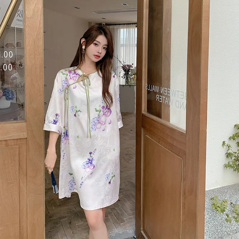 缎面睡裙夏季冰丝薄款睡衣女气质国风家居服可外穿3050慵懒风