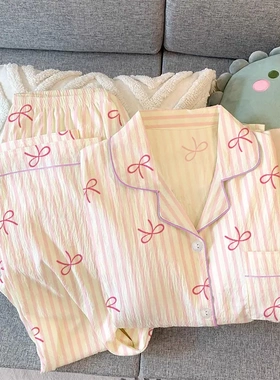 2025皱布140克高品质春秋季卡通开衫女睡衣休闲套装家居服