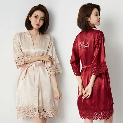 跨境Mother bride新娘袍晨袍女士蕾丝睡袍婚礼化妆伴娘团结婚和服
