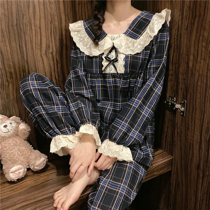 秋季睡衣女宫廷风娃娃领日系格子家居服东亚外贸pajamas