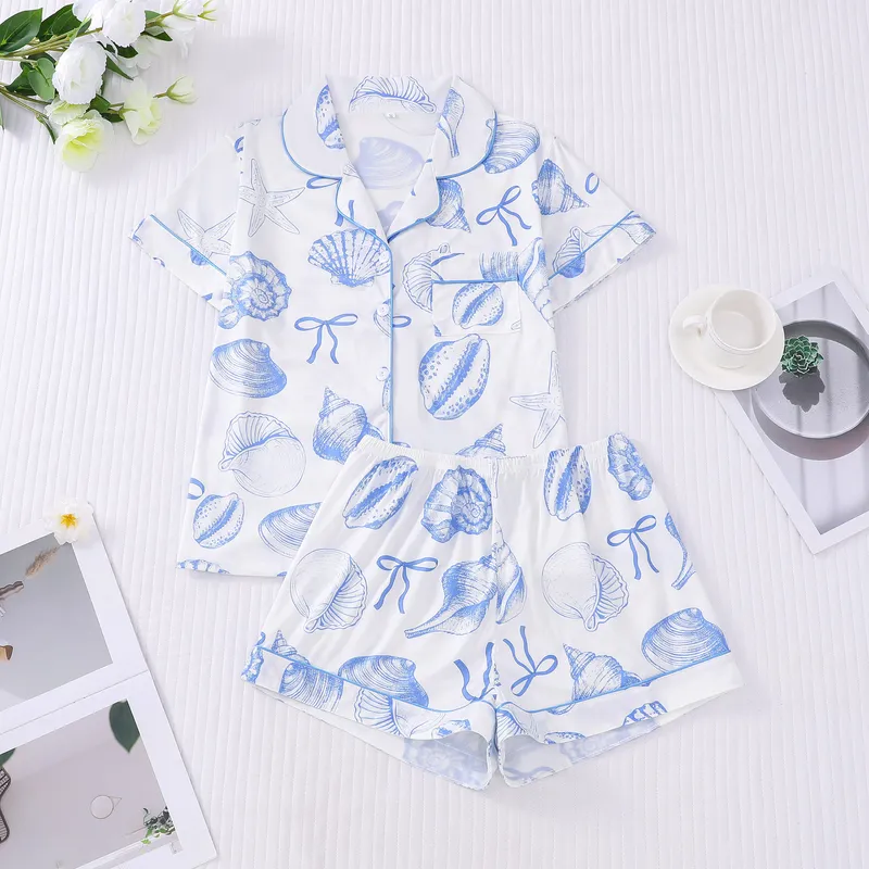 跨境外贸新款女士睡衣印花翻领短袖短裤欧美家居服women pajama