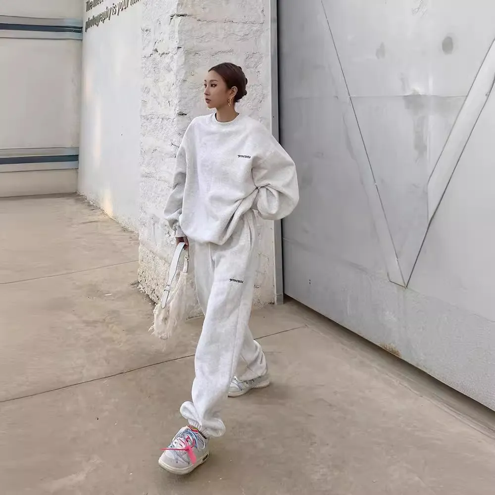 美式潮牌灰色运动卫衣套装女春秋冬季薄款宽松慵懒风休闲束脚裤子