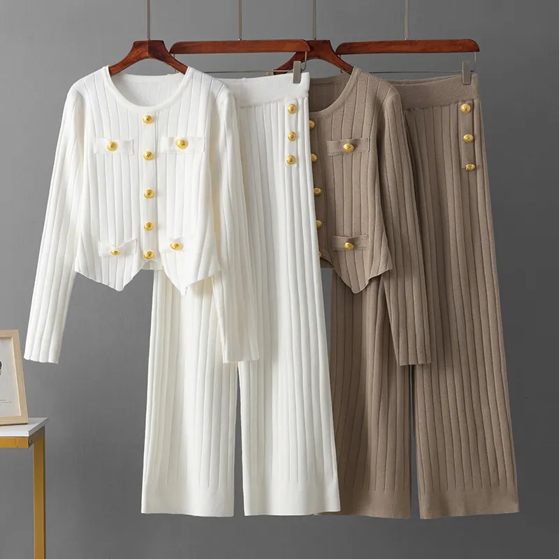 2024秋冬新款小香风毛织套装女时尚显瘦遮肉百搭针织衫裤子两件套