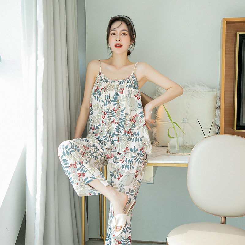 2025绵绸睡衣女夏季新款吊带睡裤套装修身棉绸甜美家居服