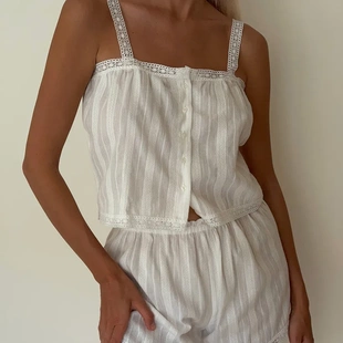 2025新款欧美风舒适纯棉提花吊带短裤家居服新品休闲可爱睡衣套装