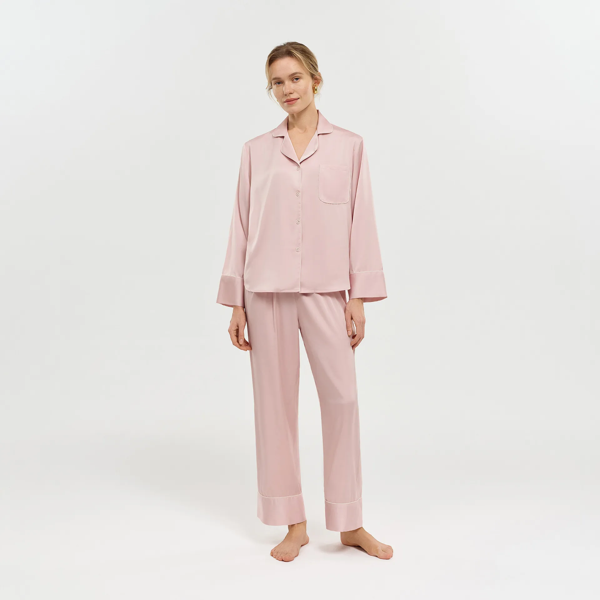 耀婷简约休闲缎面雪纺睡衣长袖长裤家居服套装复古女士pajama2062