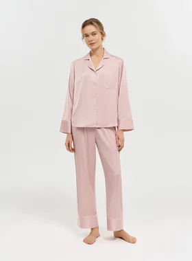 耀婷简约休闲缎面雪纺睡衣长袖长裤家居服套装复古女士pajama2062