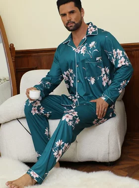 亚马逊外贸男士绿花长裤长袖家居服欧美风新年睡衣秋休闲套装